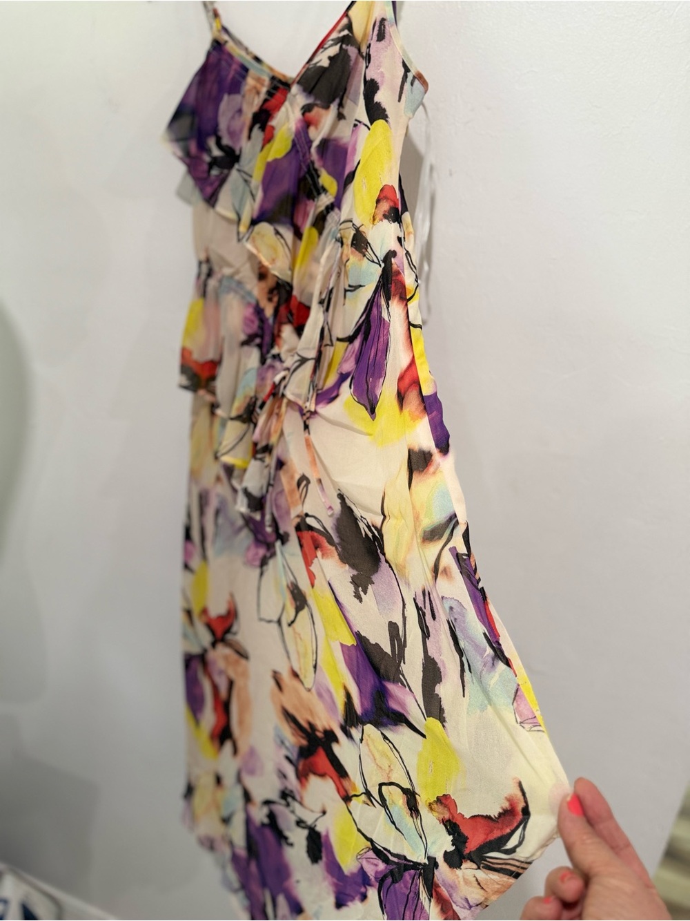 Floral Ruffle Mini Dress in Cream with Purple & Yellow Print